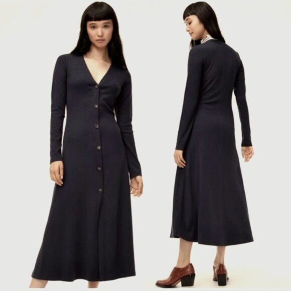 Wilfred Ines Long-Sleeve Ribbed Knit Stretch Midi Dress in Black - Picture 1 of 13